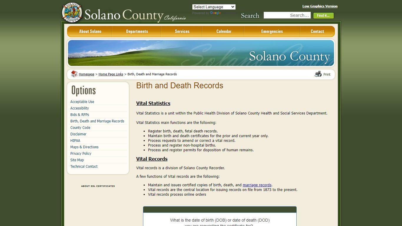 Solano County - Birth, Death and Marriage Records